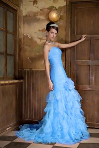 Light Blue Mermaid Sweetheart Prom Dress with Handle Flower and Ruffles