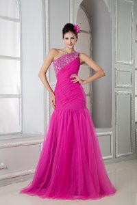 Latest Hot Pink Mermaid One Shoulder Prom Dress with Beading in Tulle