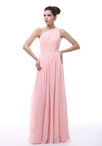 Baby Pink One Shoulder Long Ruched Bridesmaid Dresses with Beading