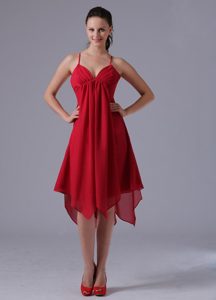 Spaghetti Straps Asymmetrical Ruched Wine Red Chiffon Maid of Honor Dress