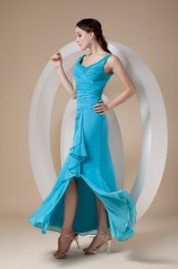 Latest Scoop Ankle-length Sky Blue Ruched Maid of Honor Dress with Beading