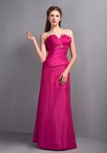 Slot Neckline Long Hot Pink Ruched Maid of Honor Dress with Beading