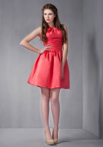 Scoop Mini-length Watermelon Ruched Taffeta Maid of Honor Dress for Cheap