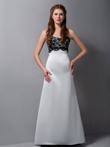 Noble Strapless Long White Satin Maid of Honor Dress with Black Lace