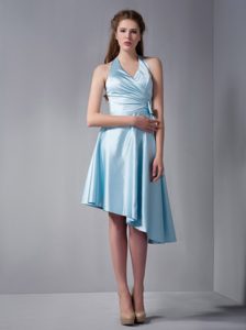 V-neck Asymmetrical Baby Blue Ruched Taffeta Bridesmaid Dresses with Bow