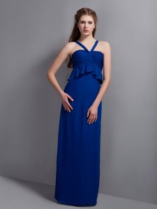 V-neck Long Ruched Flounced Royal Blue Bridesmaid Dress for Cheap