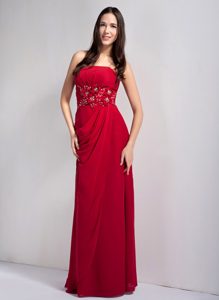 Strapless Long Wine Red Drapped Beaded Chiffon Maid of Honor Dress