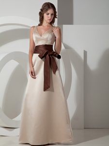 V-neck Long Gray Taffeta Bridesmaid Dress with Brown Sash for Cheap