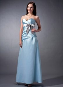 Sweetheart Long Blue Ruched Taffeta Bridesmaid Dresses with Gray Sash