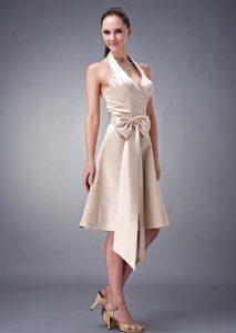 Halter Knee-length Champagne Ruched Taffeta Bridesmaid Dress with Bowknot