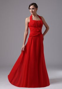Halter Red Long Ruched Chiffon Bridesmaid Dress with Flower for Cheap