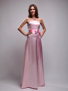Strapless Long Baby Pink Taffeta Bridesmaid Dresses with Sash and Bow