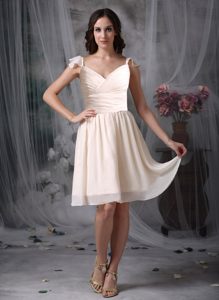 V-neck Knee-length Champagne Ruched Chiffon Dress for Bridesmaid on Sale