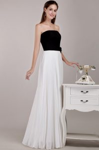 Strapless Long White and Black Chiffon Bridesmaid Dresses with Pleats