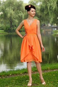 V-neck Knee-length Orange Red Chiffon Bridesmaid Dress with Ruching on Sale