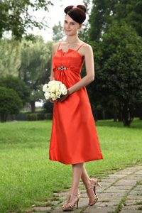 Spaghetti Straps Tea-length Orange Red Taffeta Bridesmaid Dress with Appliques
