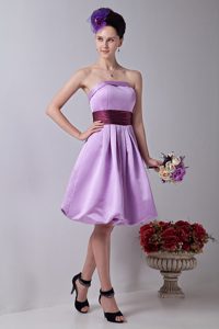 New Strapless Knee-length Lavender Taffeta Bridesmaid Dress with Wine Red Sash