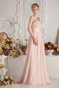 Baby Pink One Shoulder Bridesmaid Dress with Flowers and Ruching