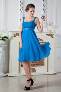 Top Seller Square Straps Knee-length Sky Blue Ruched Chiffon Bridesmaid Dress