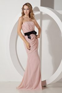 Strapless Long Ruched Baby Pink Chiffon Bridesmaid Dresses with Sash