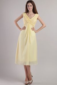 Empire V-neck Light Yellow Ankle-length Bridesmaid Dress in Chiffon on Sale