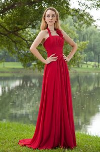 Red Empire Halter Bridesmaid Dress in Chiffon with Ruching on Sale