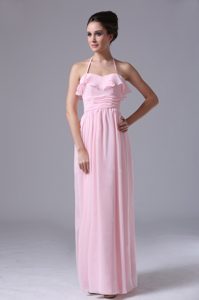 Halter Top Pink Column Prom Bridesmaid Dress with Ruching Made in Chiffon
