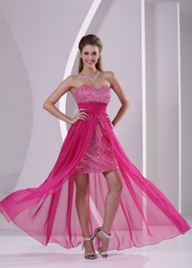 High-low Hot Pink Chiffon Dressy Cocktail Dress for Nightclub with Beading