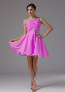 One Shoulder Pink Ruched and Beaded Exquisite Nightclub Dress for Cocktail