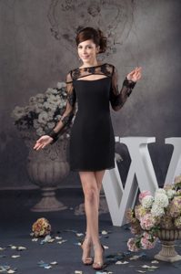 Bateau Long Sleeves Mini-length Black Satin and Lace Night Club Dress on Sale