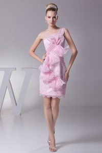 Baby Pink One Shoulder Mini-length Lace Beaded Night Club Dress with Flowers