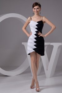 Spaghetti Straps Mini-length Black and White Ruched Chiffon Night Club Dress