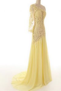 Admirable Light Yellow Column/Sheath One Shoulder 3 4 Length Sleeve Chiffon and Lace Sweep Train Side Zipper Lace Prom G