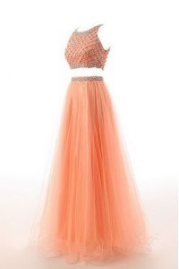 Admirable Scoop Orange Side Zipper Prom Dresses Beading and Belt Sleeveless Sweep Train