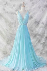 Low Price Baby Blue V-neck Neckline Belt Dress for Prom Sleeveless Backless