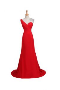 Deluxe Satin One Shoulder Sleeveless Court Train Backless Beading Homecoming Dress in Coral Red
