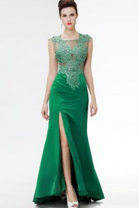 Cute Floor Length Zipper Dress for Prom Dark Green for Prom and Party with Beading and Appliques Sweep Train