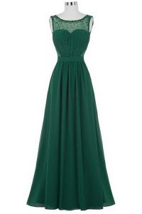 Affordable Scoop Dark Green Column/Sheath Beading and Ruching Prom Party Dress Zipper Chiffon Sleeveless Floor Length