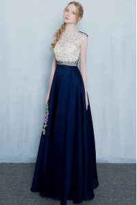 Scoop Floor Length Zipper Prom Dress Navy Blue for Prom and Party with Beading and Ruching