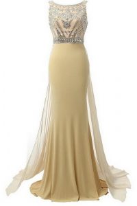 Scoop Champagne Sleeveless Satin Brush Train Side Zipper Prom Dresses for Prom and Party