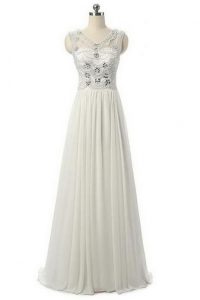 Dynamic Sleeveless Floor Length Beading Zipper Prom Gown with White