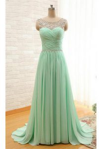 Admirable Apple Green Homecoming Dress Prom and Party and For with Beading and Ruching Scoop Sleeveless Brush Train Zipp