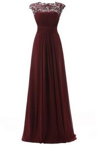 Customized Scoop Floor Length Burgundy Evening Dress Chiffon Sleeveless Lace