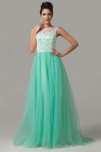 Dazzling Scoop Turquoise Sleeveless Floor Length Lace Criss Cross Prom Gown