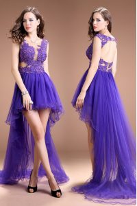 Custom Fit Purple Prom Party Dress Prom and Party and For with Beading and Appliques Scoop Sleeveless Zipper