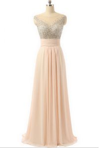 Custom Fit Peach Prom Dresses Prom and Party and For with Beading and Sequins and Belt Scoop Sleeveless Sweep Train Side