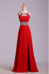 Romantic Red Satin Zipper Halter Top Sleeveless Floor Length Homecoming Dress Beading and Belt