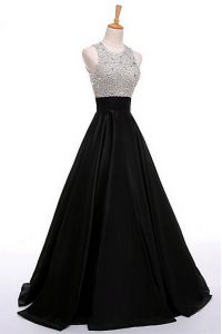 Elegant Black A-line Satin Scoop Sleeveless Beading Floor Length Zipper Prom Party Dress