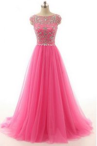 Lace Hot Pink Evening Dress Prom and Party and For with Beading Bateau Short Sleeves Zipper