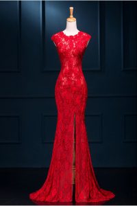 New Arrival Mermaid Scoop Sleeveless Prom Evening Gown Floor Length Lace Red Lace